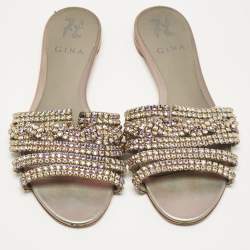 Gina Metallic Crystal Embellished Leather Flat Slides Size 38.5