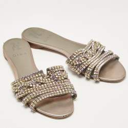 Gina Metallic Crystal Embellished Leather Flat Slides Size 38.5