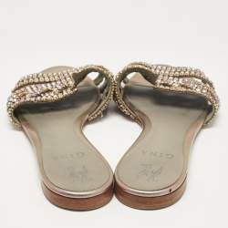 Gina Metallic Crystal Embellished Leather Flat Slides Size 38.5