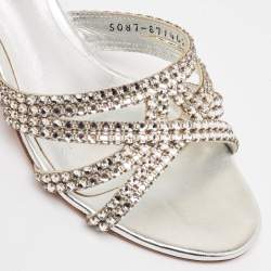 مملوكة مسبقًا Gina Silver Leather Crystal Embellished Gabriella Slide Sandals Size 37