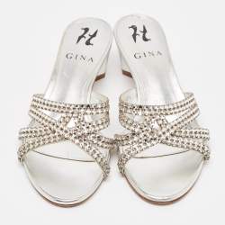 مملوكة مسبقًا Gina Silver Leather Crystal Embellished Gabriella Slide Sandals Size 37