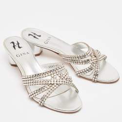 مملوكة مسبقًا Gina Silver Leather Crystal Embellished Gabriella Slide Sandals Size 37