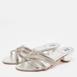 مملوكة مسبقًا Gina Silver Leather Crystal Embellished Gabriella Slide Sandals Size 37