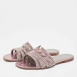Gina Purple Leather Crystal Embellished Flat Sandals Size 38.5