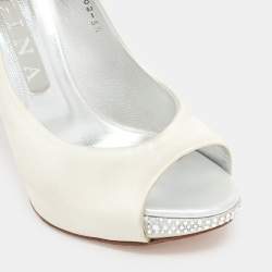 Pre Owned Gina Silver Satin Crystal Embellished Peep Toe Pumps Size 38.5
