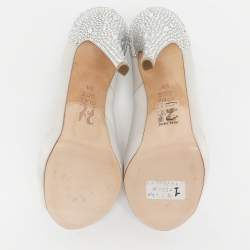 Pre Owned Gina Silver Satin Crystal Embellished Peep Toe Pumps Size 38.5