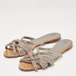 Pre Owned Gina Pink/Brown Crystal Embellished Leather Flat Slides Size 39