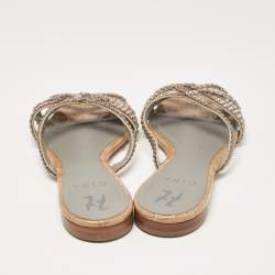 Pre Owned Gina Pink/Brown Crystal Embellished Leather Flat Slides Size 39