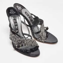 Pre Owned Gina Black Patent Leather Crystal Embellished Sandals Size 38.5