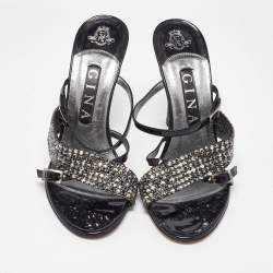 Pre Owned Gina Black Patent Leather Crystal Embellished Sandals Size 38.5