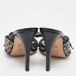 Pre Owned Gina Black Patent Leather Crystal Embellished Sandals Size 38.5
