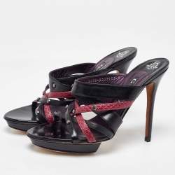 Gina Black/Maroon Leather and Snakeskin Strappy Platform Sandals Size 40