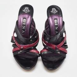 Gina Black/Maroon Leather and Snakeskin Strappy Platform Sandals Size 40