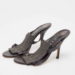 Gina Black Leather Crystal Embellished Slide Sandals Size 38.5