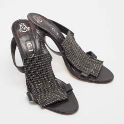 Gina Black Leather Crystal Embellished Slide Sandals Size 38.5