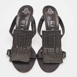 Gina Black Leather Crystal Embellished Slide Sandals Size 38.5