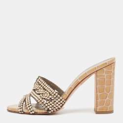 Pre Owned Gina Gold Crystal Embellished Leather Slide Sandals Size 38.5