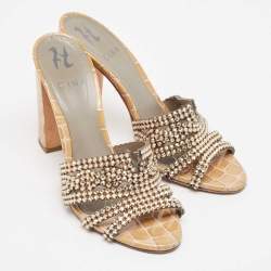 Pre Owned Gina Gold Crystal Embellished Leather Slide Sandals Size 38.5