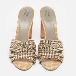 Pre Owned Gina Gold Crystal Embellished Leather Slide Sandals Size 38.5