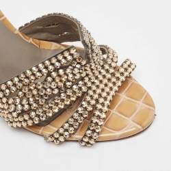 Pre Owned Gina Gold Crystal Embellished Leather Slide Sandals Size 38.5