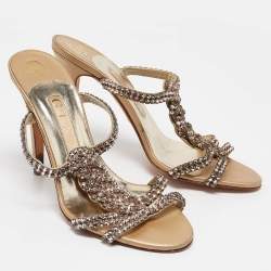 Pre Owned Gina Pink/Gold Crystal Embellished Leather Slide Sandals Size 38