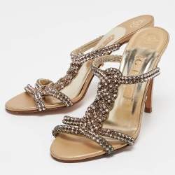 Pre Owned Gina Pink/Gold Crystal Embellished Leather Slide Sandals Size 38