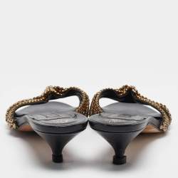 Pre Owned Gina Black/Gold Leather Crystal Embellished Slide Sandals Size 39.5