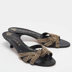 Pre Owned Gina Black/Gold Leather Crystal Embellished Slide Sandals Size 39.5
