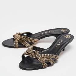 Pre Owned Gina Black/Gold Leather Crystal Embellished Slide Sandals Size 39.5