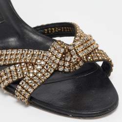 Pre Owned Gina Black/Gold Leather Crystal Embellished Slide Sandals Size 39.5