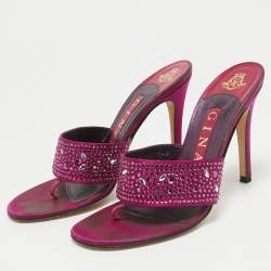 Gina Magenta Pink Satin Crystal Embellished Slide Sandals Size 38