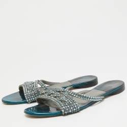 Gina Blue Leather Crystal Embellished Flat Sandals Size 40.5