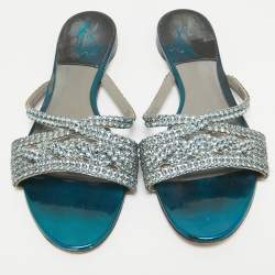 Gina Blue Leather Crystal Embellished Flat Sandals Size 40.5