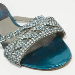 Gina Blue Leather Crystal Embellished Flat Sandals Size 40.5