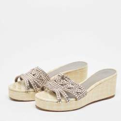 Gina Cream Croc Embossed Patent and Leather Wedge Sandals Size 39.5