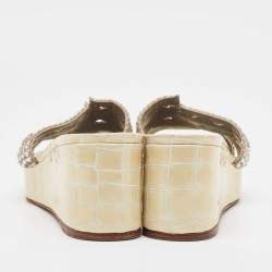 Gina Cream Croc Embossed Patent and Leather Wedge Sandals Size 39.5