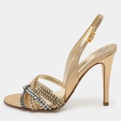 Gina Gold Leather Crystal Embellished Slingback Sandals Size 37