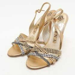 Gina Gold Leather Crystal Embellished Slingback Sandals Size 37