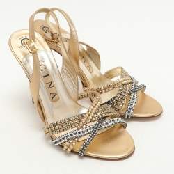 Gina Gold Leather Crystal Embellished Slingback Sandals Size 37