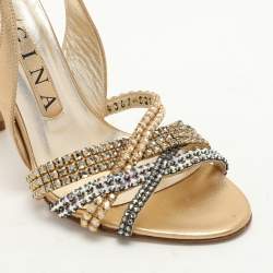 Gina Gold Leather Crystal Embellished Slingback Sandals Size 37