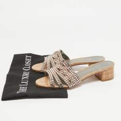Pre Owned Gina Beige Leather Crystal Embellished Slide Sandals Size 36