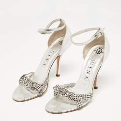 Gina Silver Leather Crystal Embellished Ankle Strap Sandals Size 38.5