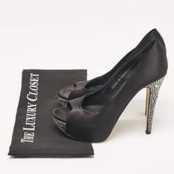 Gina Black Satin Crystal Embellished Peep Toe Pumps Size 37.5