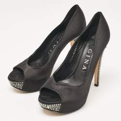 Gina Black Satin Crystal Embellished Peep Toe Pumps Size 37.5