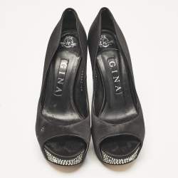 Gina Black Satin Crystal Embellished Peep Toe Pumps Size 37.5