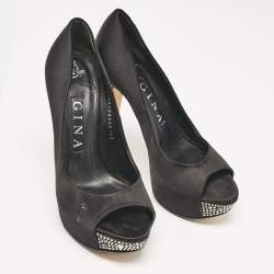 Gina Black Satin Crystal Embellished Peep Toe Pumps Size 37.5