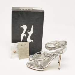 Gina Grey Leather Crystal Embellished Ankle Strap Sandals Size 40