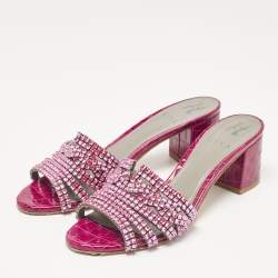 مملوكة مسبقًا Gina Purple Crystal Embellished Leather Slide Sandals Size 38