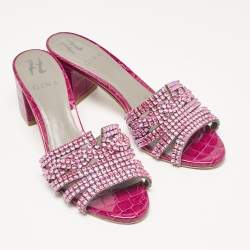 مملوكة مسبقًا Gina Purple Crystal Embellished Leather Slide Sandals Size 38