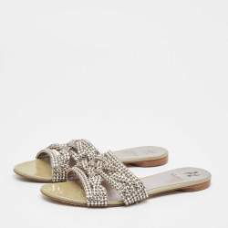 Pre Owned Gina Silver Leather Crystal Embellished Leather Loren Flat Sandals Size 41.5